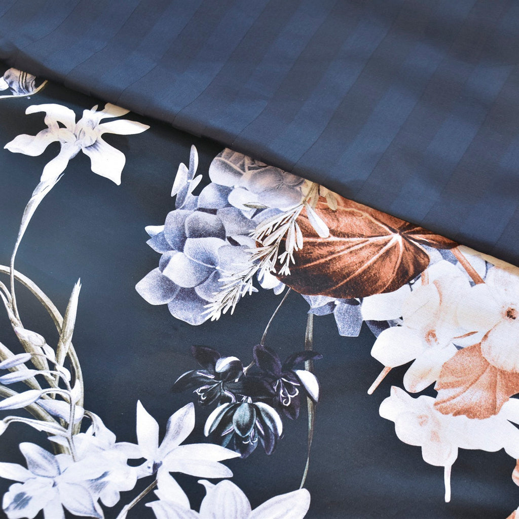 Housse De Couette + Taies D'Oreiller Satin De Coton - Bleu Foncé - Floraison D'Hortensias