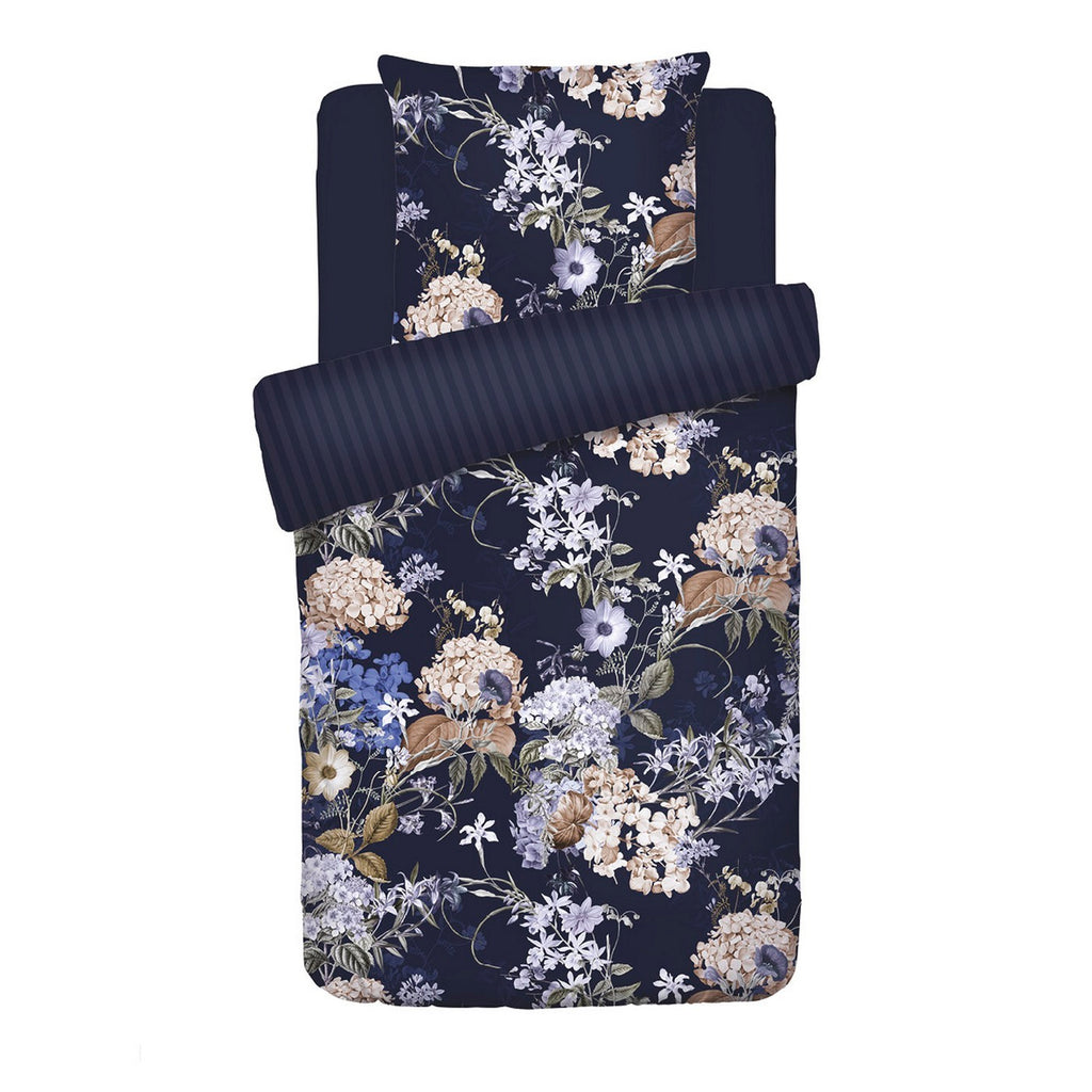 Housse De Couette + Taies D'Oreiller Satin De Coton - Bleu Foncé - Floraison D'Hortensias