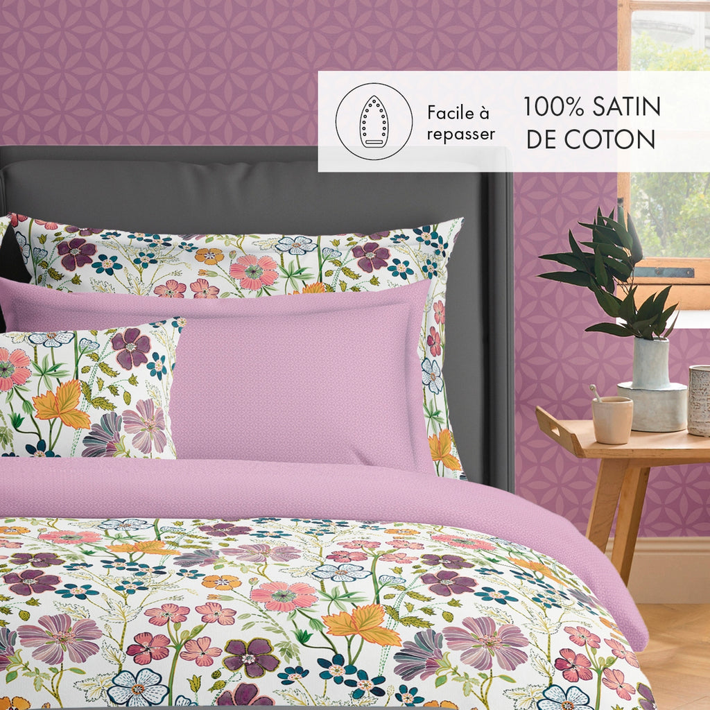 Housse De Couette + Taies D'Oreiller Satin De Coton - Blanc - Fleurs Vintage