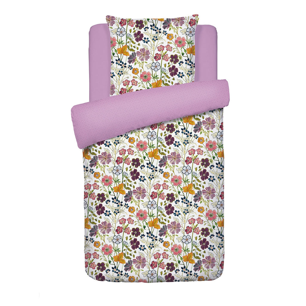 Housse De Couette + Taies D'Oreiller Satin De Coton - Blanc - Fleurs Vintage