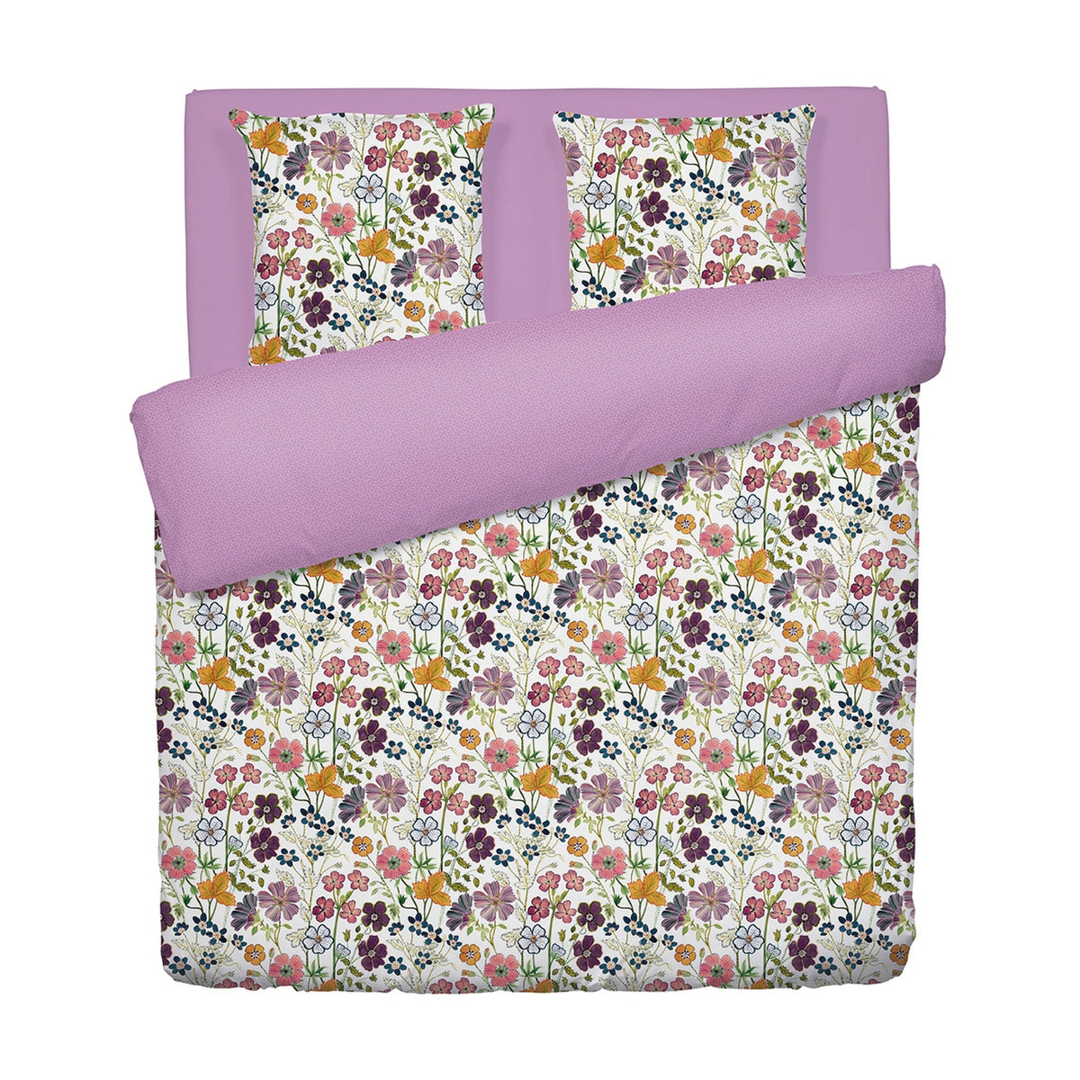 Housse De Couette + Taies D'Oreiller Satin De Coton - Blanc - Fleurs Vintage