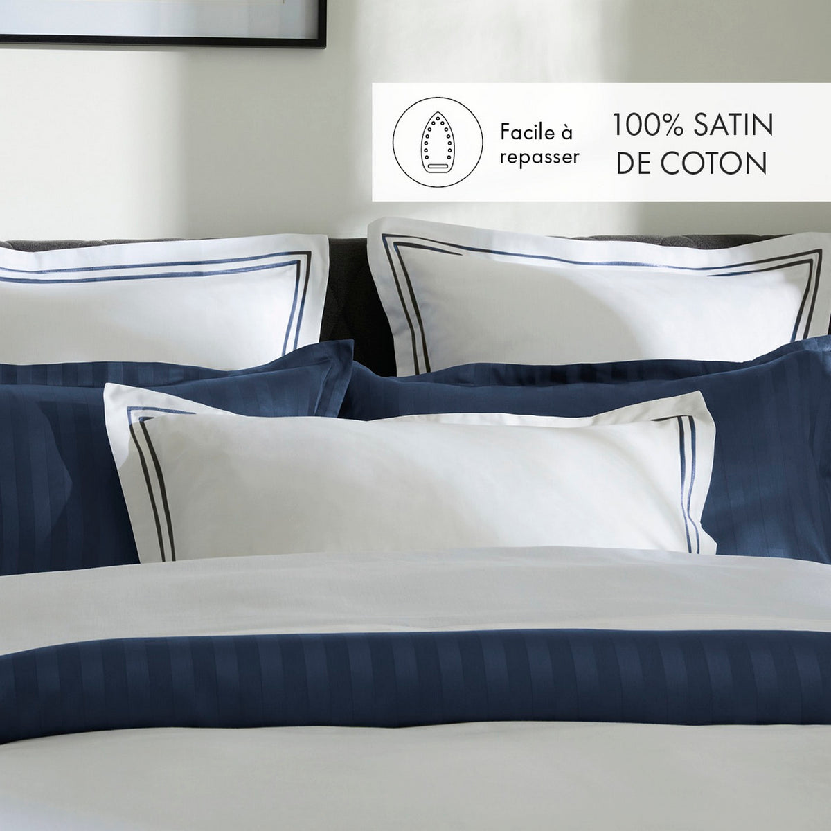 Funda De Almohadón De Satén De Algodón - Azul Oscuro / Blanco - Nice