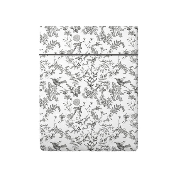 Colibri Floral - Drap Plat - Satin De Coton - Noir Gris