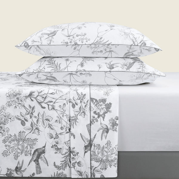 Colibri Floral - Ensemble De Draps - Satin De Coton - Noir Gris
