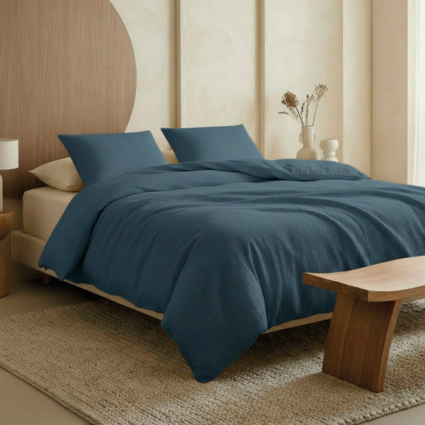 Uni - Housse De Couette + 1 ou 2 Taie(s) D'Oreiller Gaze De Coton - Blue 14