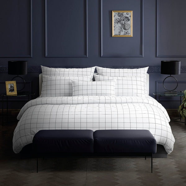 Carreaux - Housse De Couette + 1 ou 2 Taie(s) D'Oreiller - Satin De Coton - Blanc / Bleu