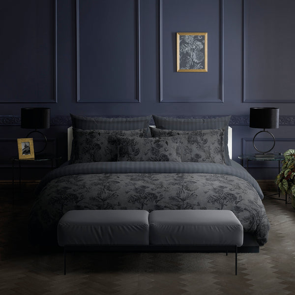 Jardin Botanique - Housse De Couette + 1 ou 2 Taie(s) D'Oreiller - Satin De Coton - Noir / Gris