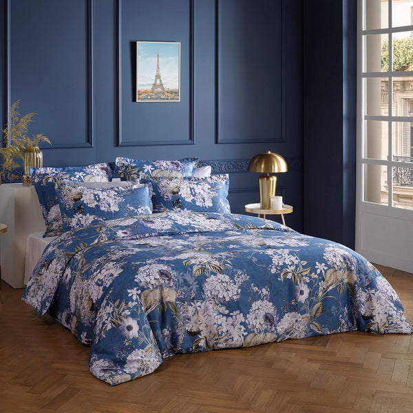 Hortensia - Housse De Couette + 1 ou 2 Taie(s) D'Oreiller - Satin De Coton - Bleu