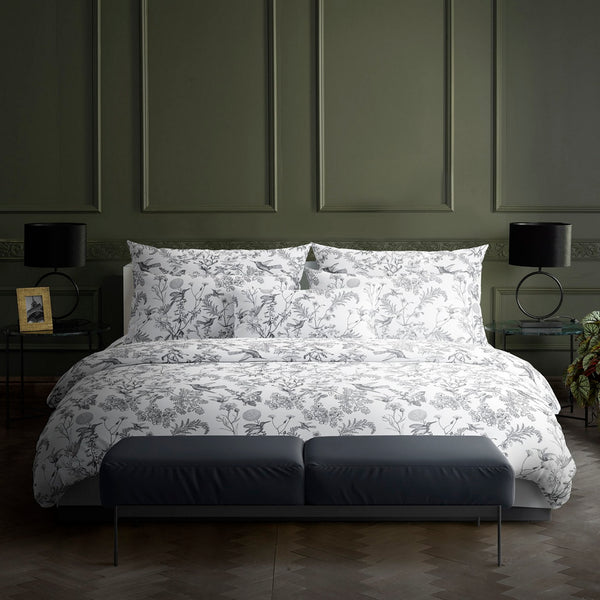 Colibri Floral - Housse De Couette + 1 ou 2 Taie(s) D'Oreiller - Satin De Coton - Noir Gris