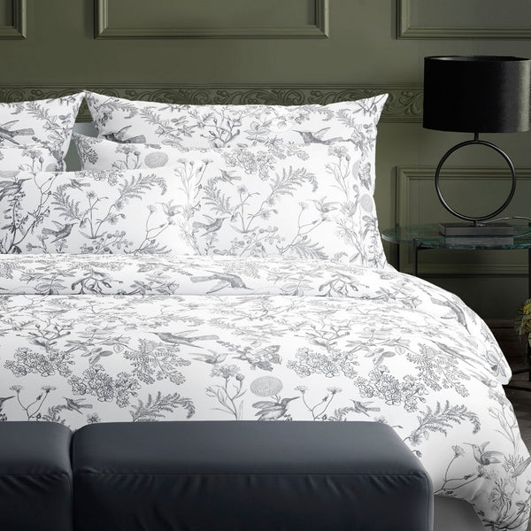 Colibri Floral - Taie D'Oreiller - Satin De Coton - Noir Gris