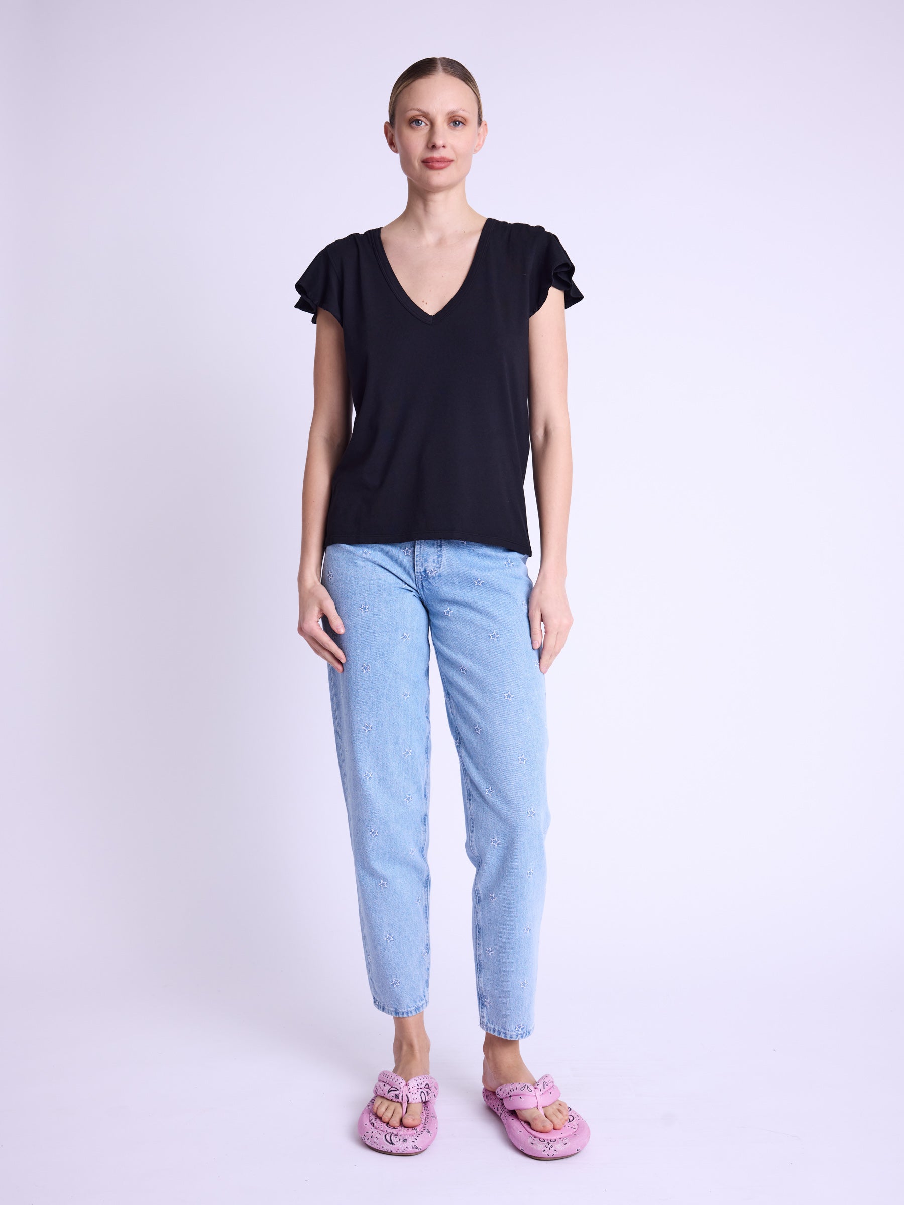 Berenice - Short Sleeve Round Neck Wings T-Shirt - Black