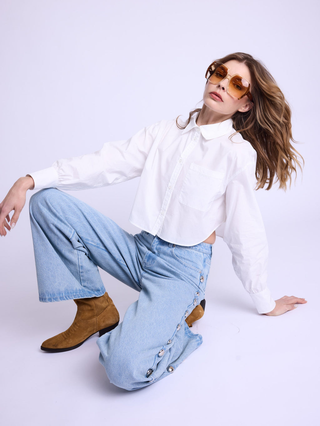 Berenice - Pantalon Flare Gros Clous Cote - Denim-Blue