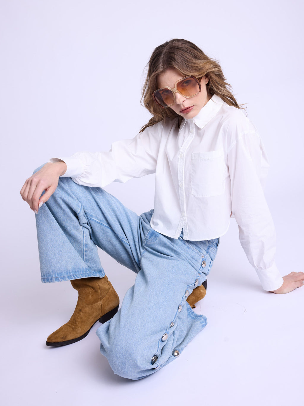 Berenice - Pantalon Flare Gros Clous Cote - Denim-Blue