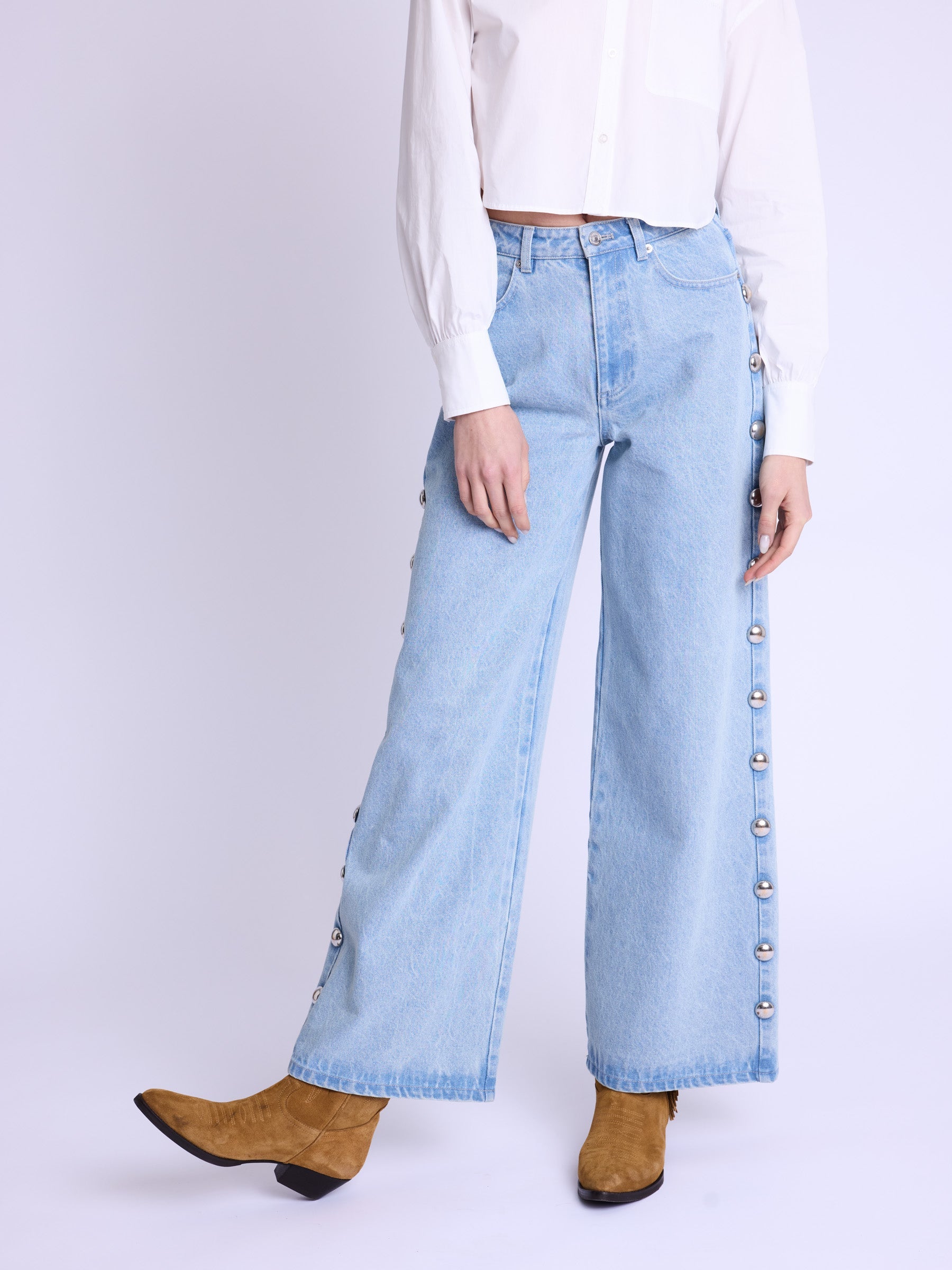 Berenice - Pantalon Flare Gros Clous Cote - Denim-Blue