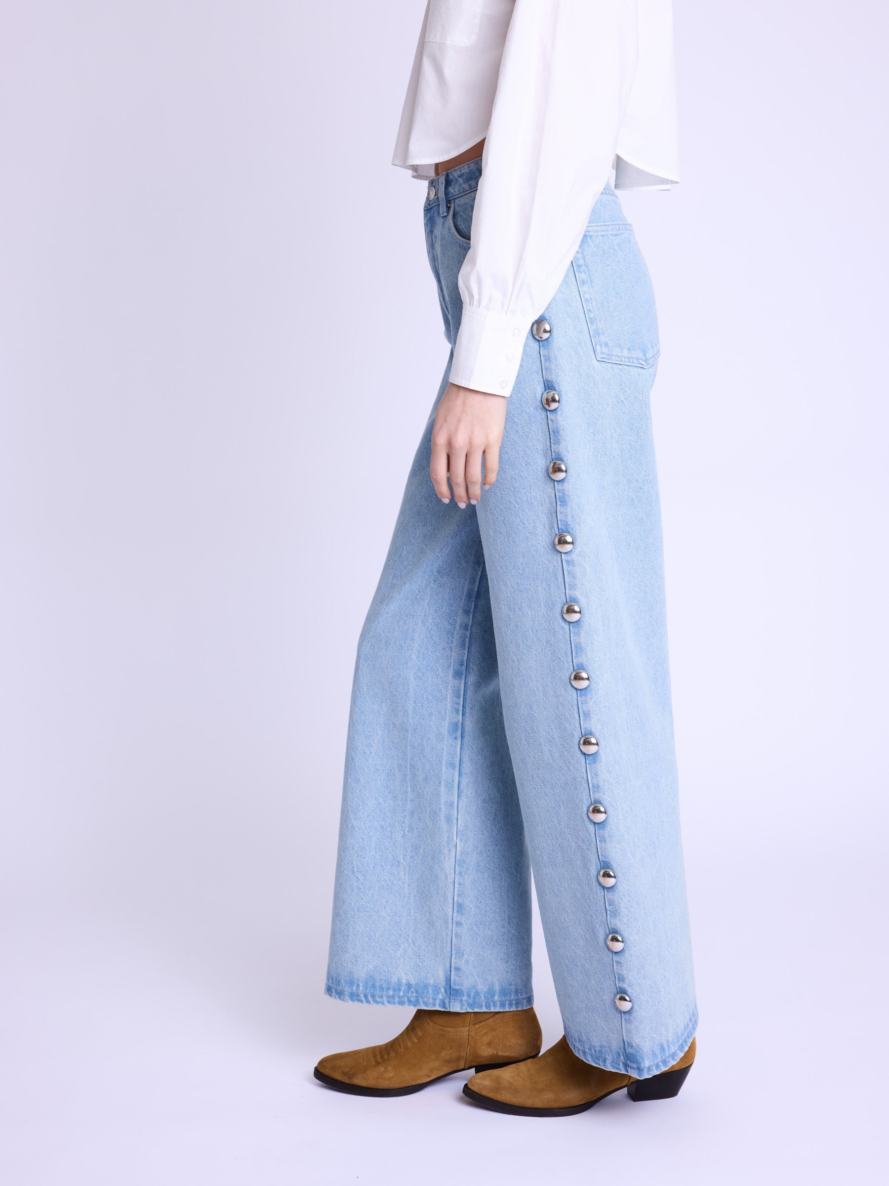 Berenice - Pantalon Flare Gros Clous Cote - Denim-Blue