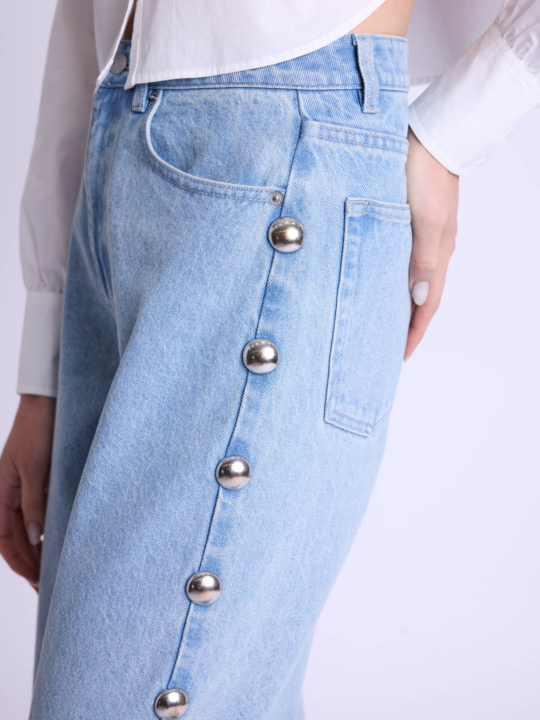Berenice - Pantalon Flare Gros Clous Cote - Denim-Blue