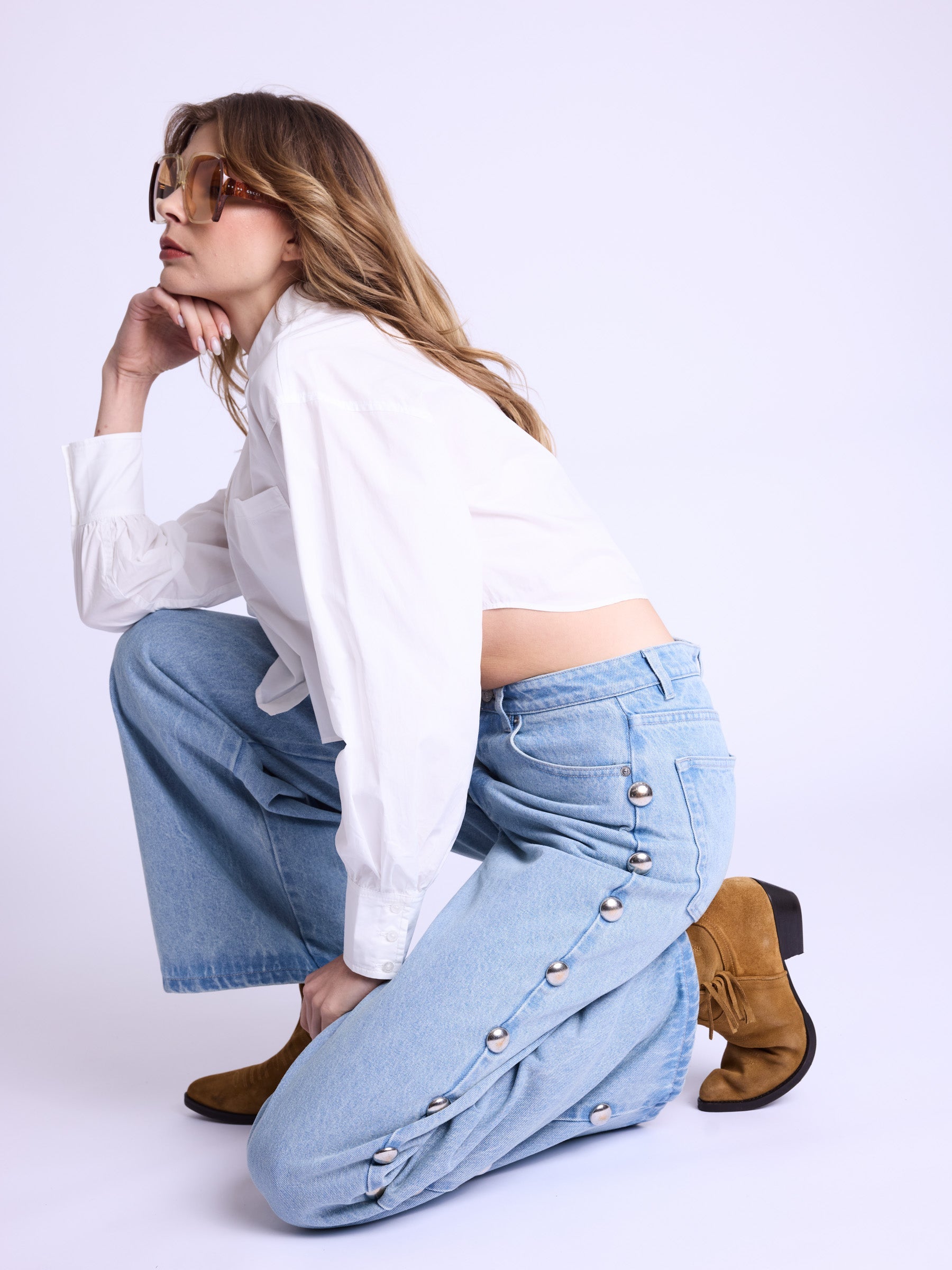 Berenice - Pantalon Flare Gros Clous Cote - Denim-Blue