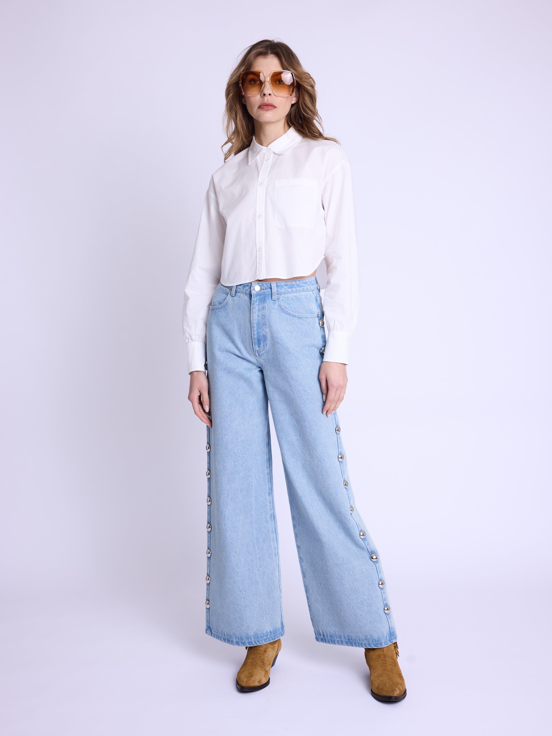 Berenice - Pantalon Flare Gros Clous Cote - Denim-Blue
