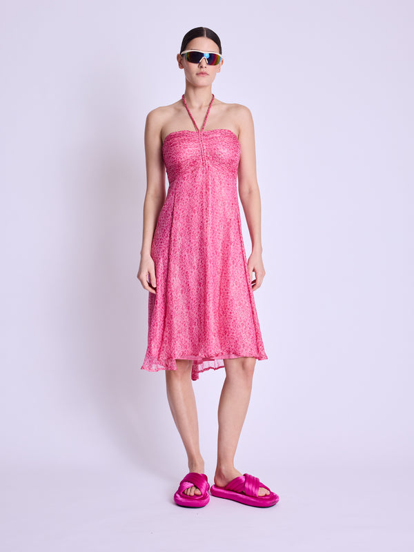 Vestido Largo Sin Cuello - Dahlia-Rosa-Estampado
