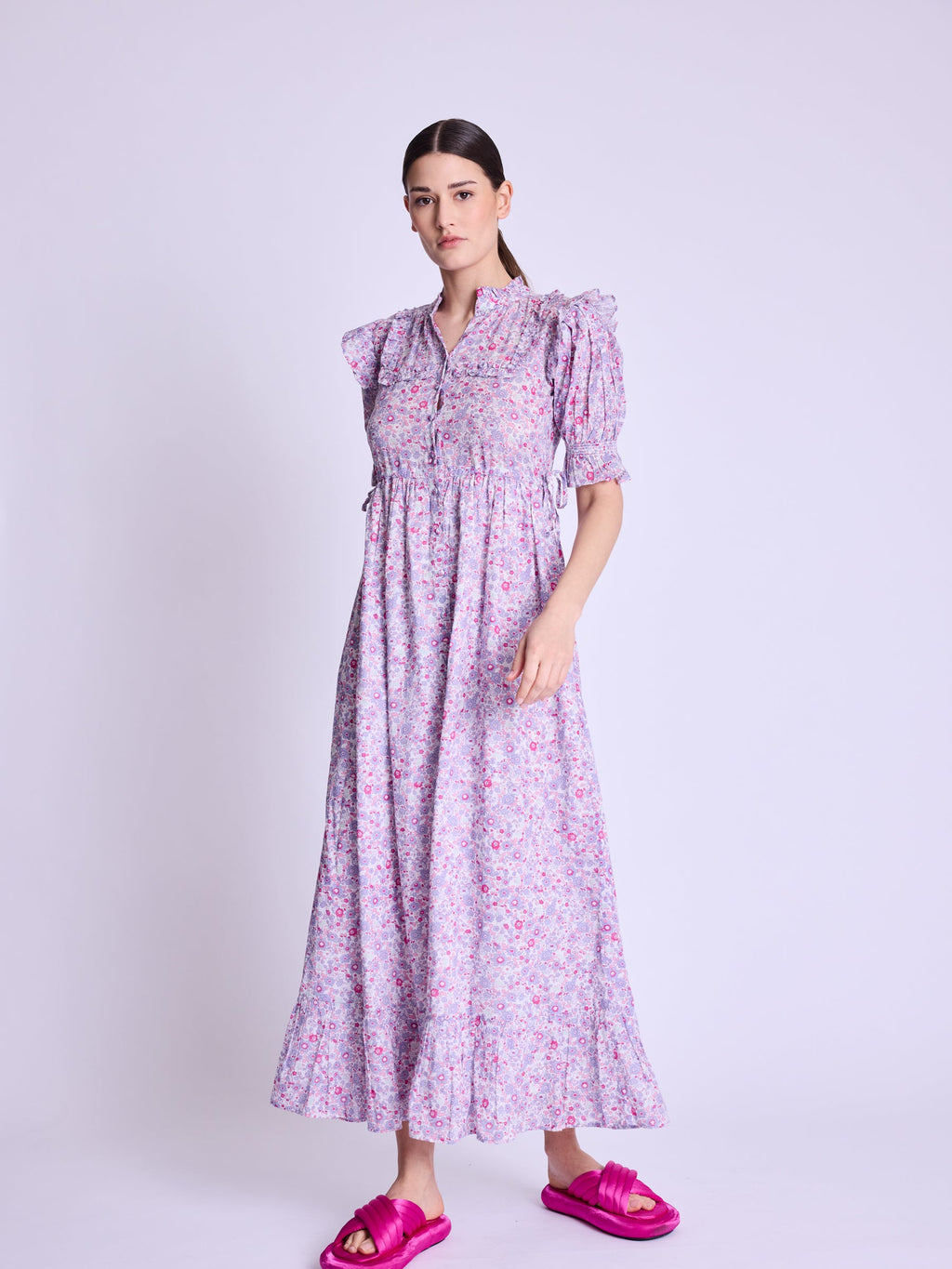 Long Dress With Ribbed Drawstring - Pink-Liberty-Print