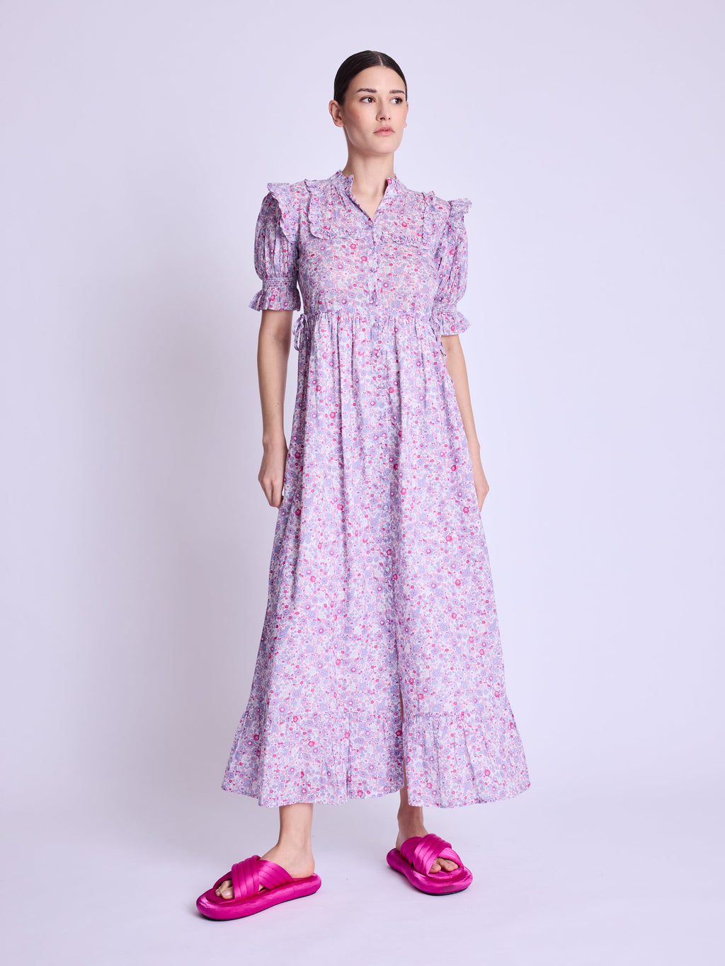 Long Dress With Ribbed Drawstring - Pink-Liberty-Print