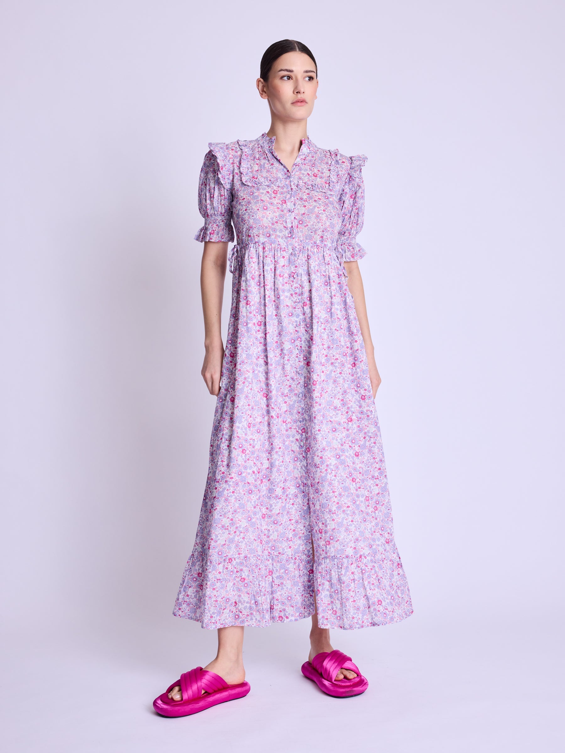 Long Dress With Ribbed Drawstring - Pink-Liberty-Print