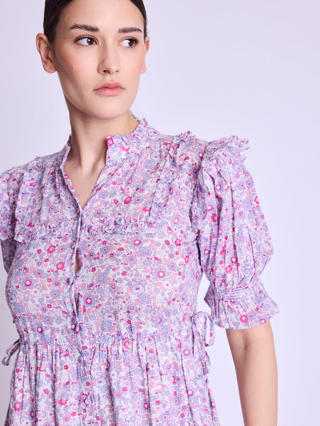 Long Dress With Ribbed Drawstring - Pink-Liberty-Print