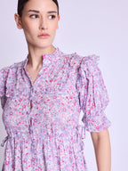 Long Dress With Ribbed Drawstring - Pink-Liberty-Print