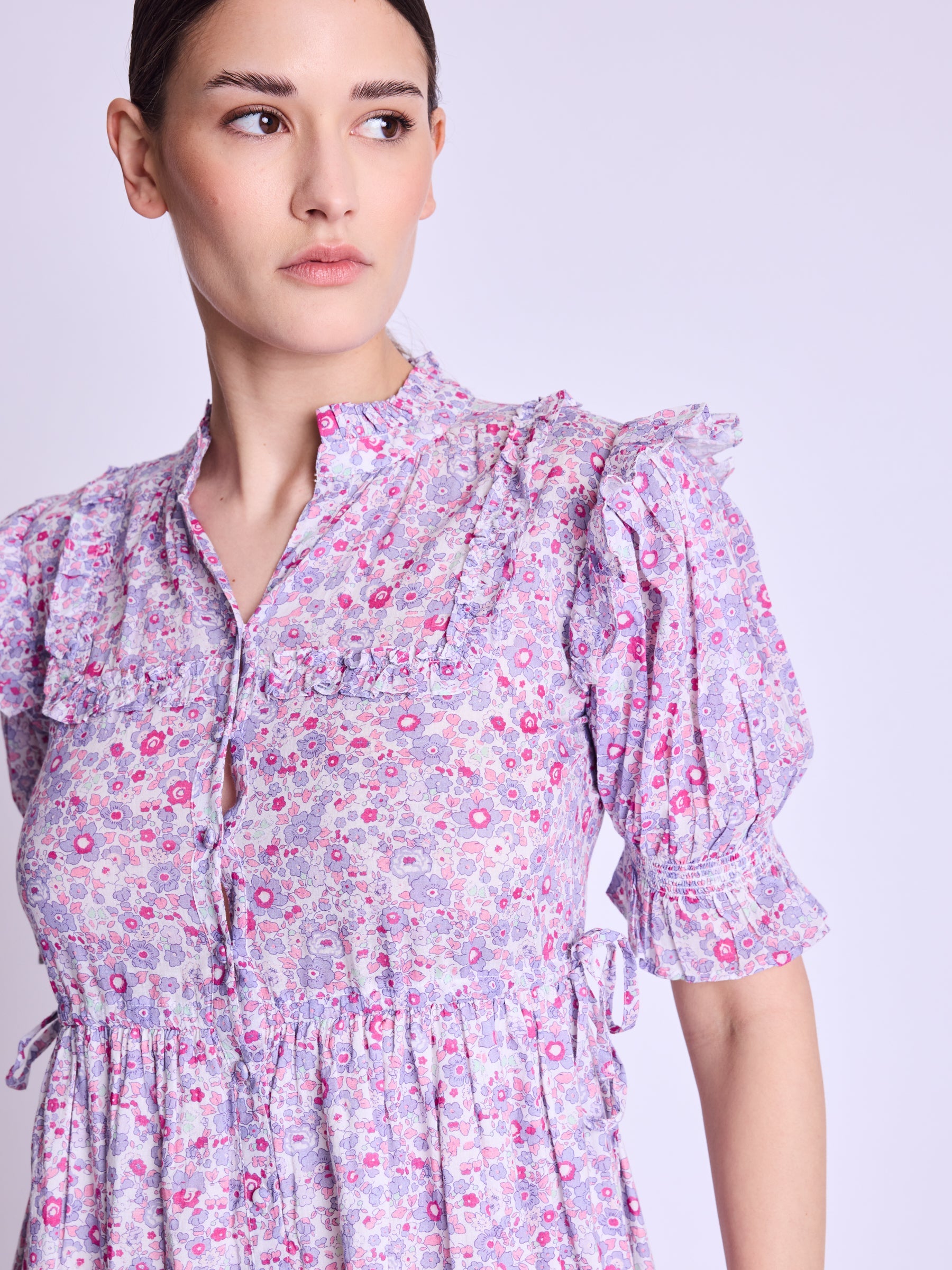 Long Dress With Ribbed Drawstring - Pink-Liberty-Print