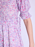 Long Dress With Ribbed Drawstring - Pink-Liberty-Print