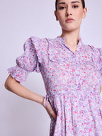 Long Dress With Ribbed Drawstring - Pink-Liberty-Print