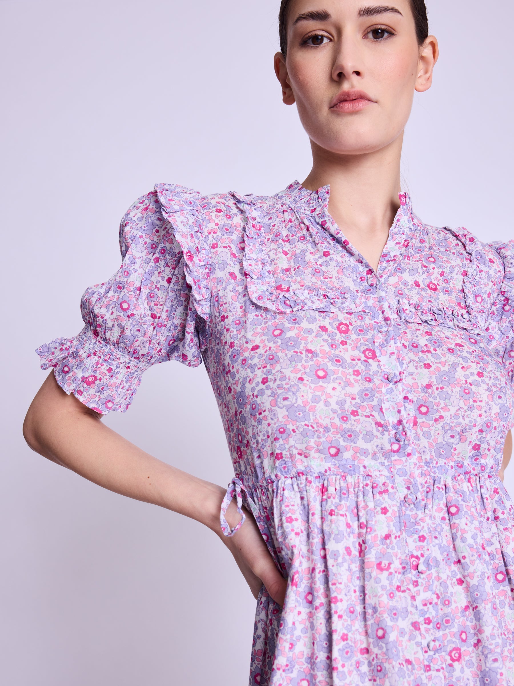 Long Dress With Ribbed Drawstring - Pink-Liberty-Print