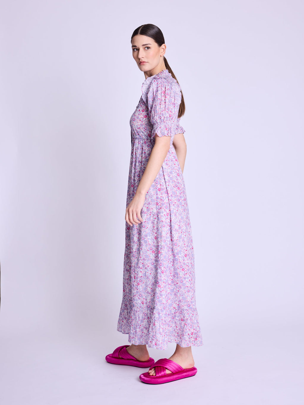 Long Dress With Ribbed Drawstring - Pink-Liberty-Print