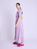 Long Dress With Ribbed Drawstring - Pink-Liberty-Print