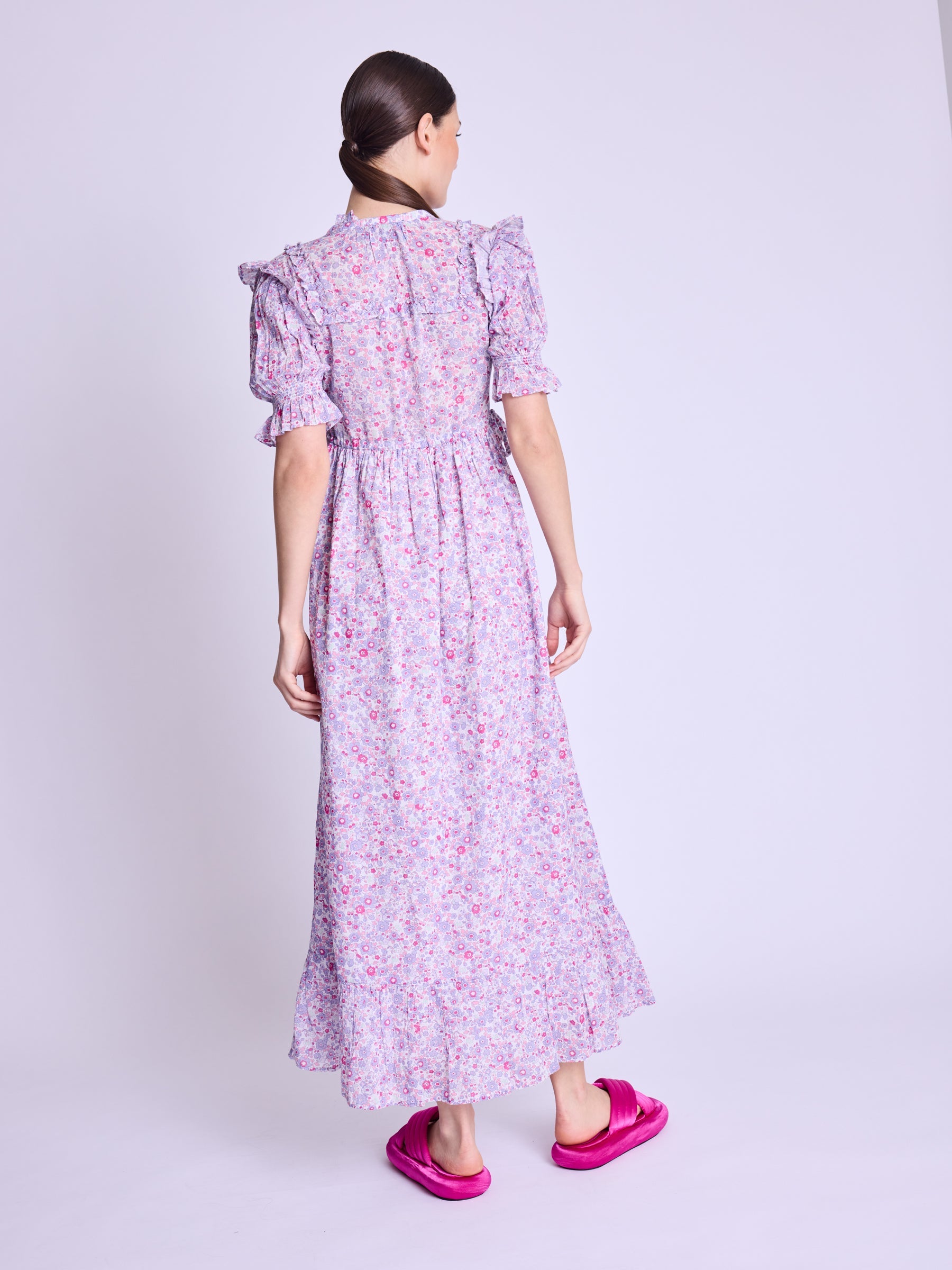 Long Dress With Ribbed Drawstring - Pink-Liberty-Print