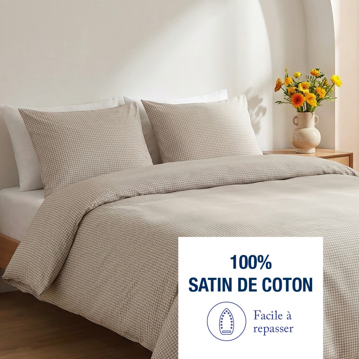 Funda De Almohada Satén De Algodón - Pata De Gallo - Topo
