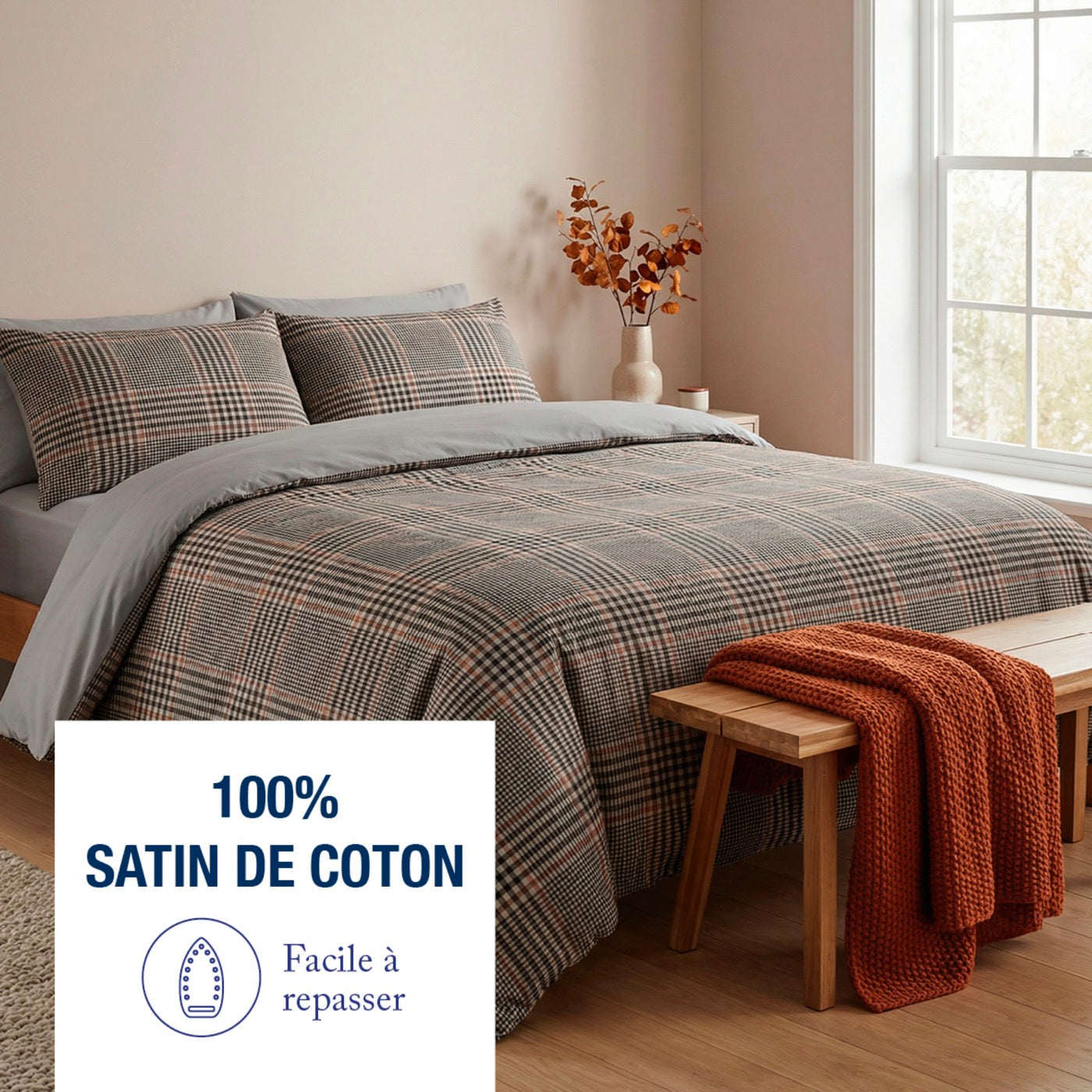 Duvet Cover + Pillowcase Cotton Satin - Prince Of Wales - Brown