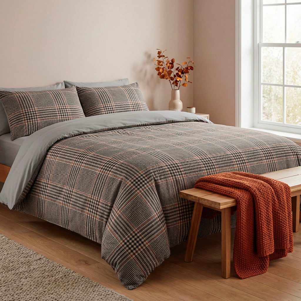 Duvet Cover + Pillowcase Cotton Satin - Prince Of Wales - Brown