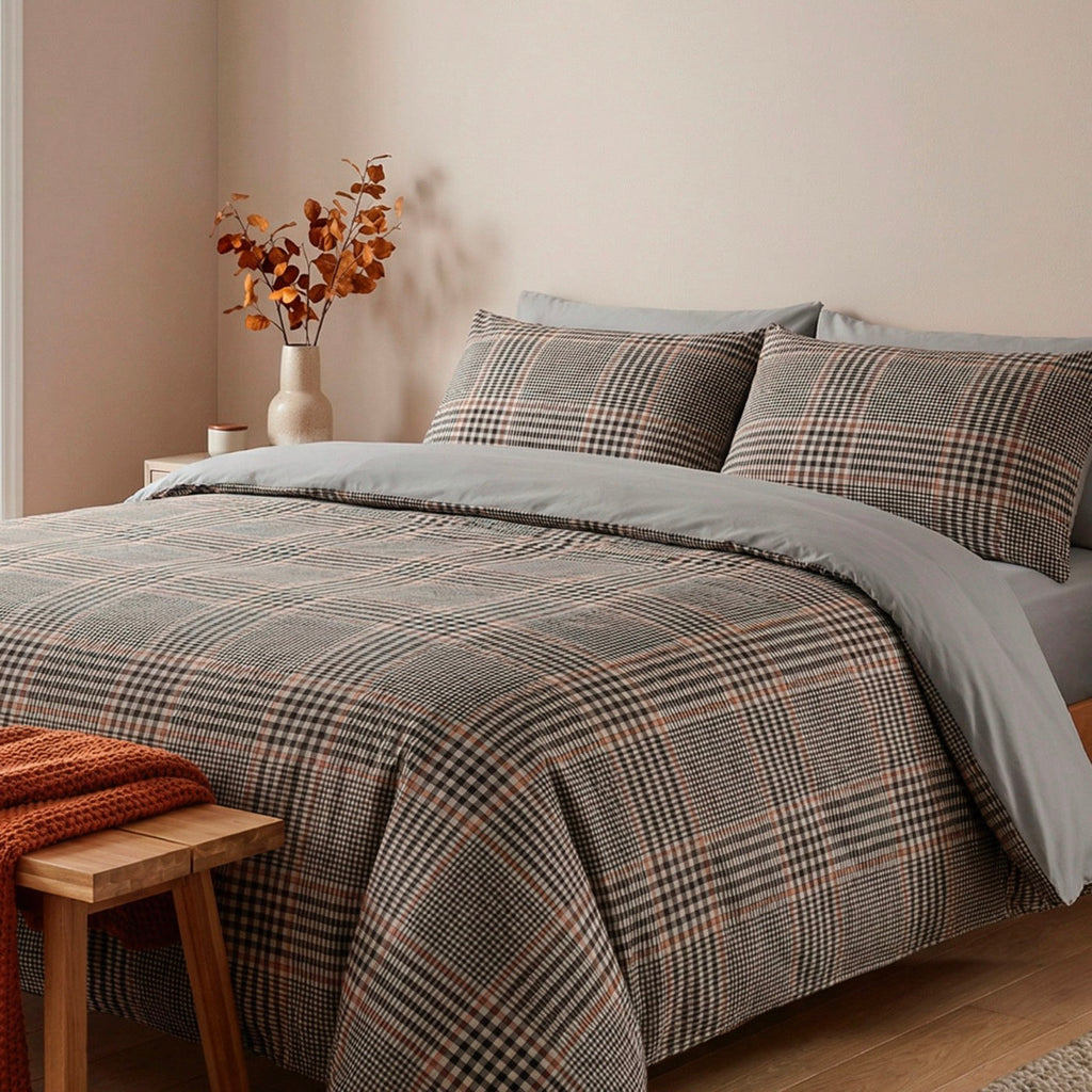 Duvet Cover + Pillowcase Cotton Satin - Prince Of Wales - Brown