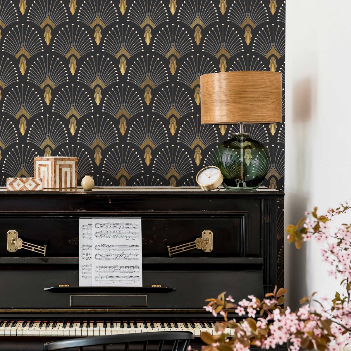1925 Wallpaper Roll - Dark Anthracite Grey & Gold