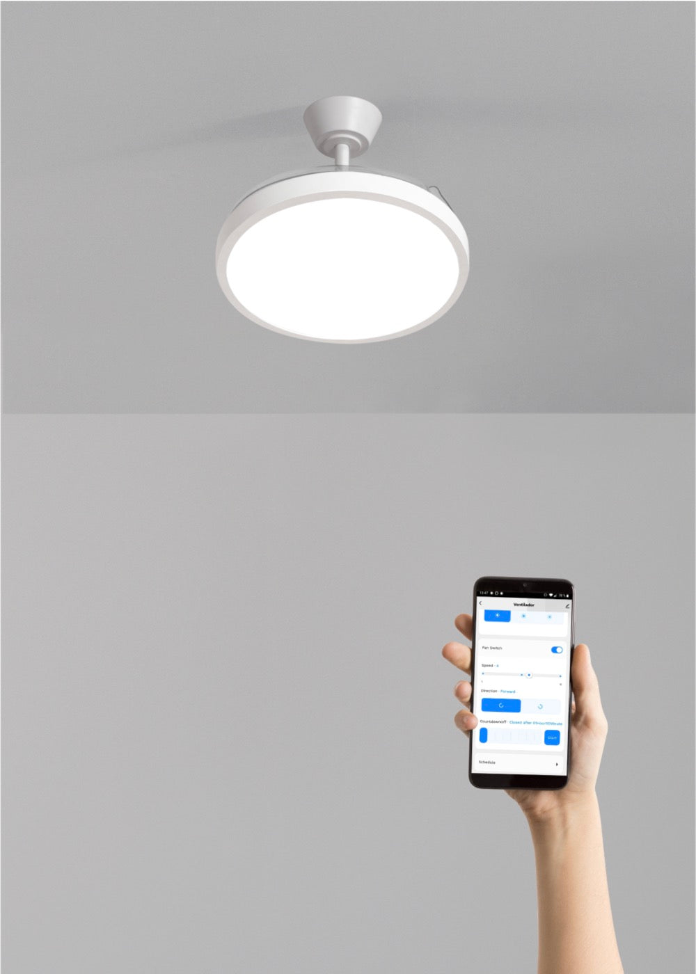 Wind Clear Studio - Ventilador de techo silencioso de 40 W con aspas retráctiles y luz LED - Blanco