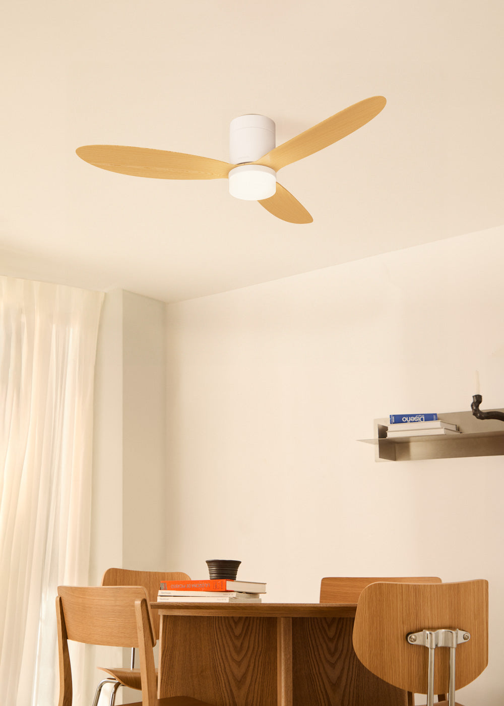 Wind Lite M - Silent Indoor &amp; Outdoor Ceiling Fan - With Light &amp; Remote Control - White &amp; Light Wood