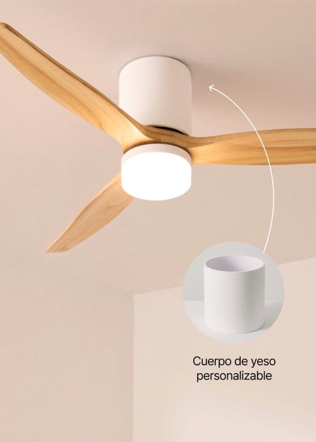 Wind Calm Concrete - Ventilador De Techo 40W Silencioso Ø132Cm 100% Madera Con Carcasa De Yeso Personalizable - Blanco# Gypsum Madera Natural# Con Luz# No# Wood