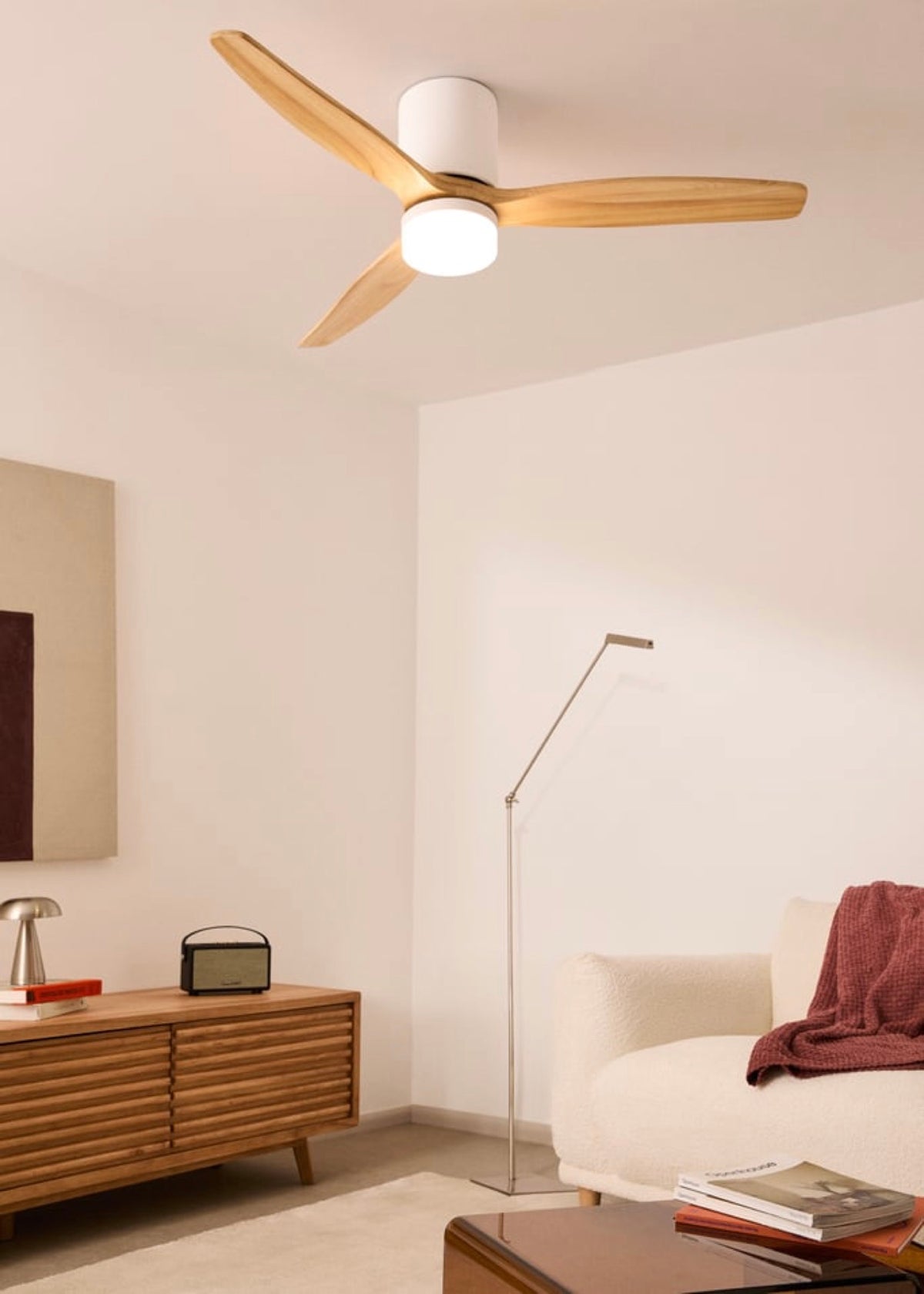 Wind Calm Concrete - Silent 40W Ø132cm Ceiling Fan, 100% Wood with Customisable Plaster Casing - White# Gypsum Natural Wood# With Light# WiFi# Wood