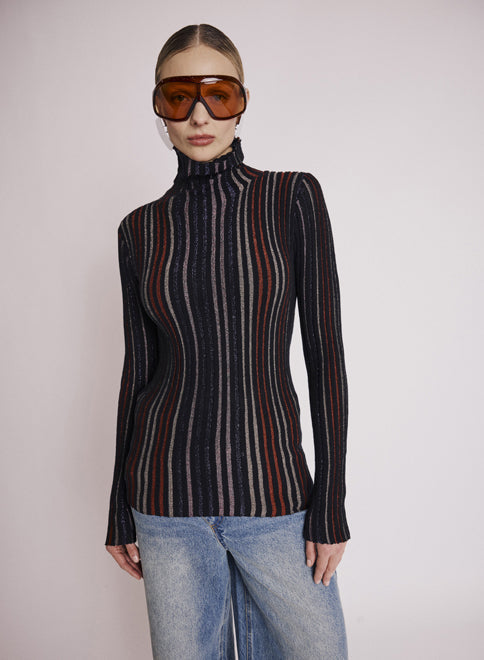 Lurex Striped Turtleneck Sweater - Black Multico