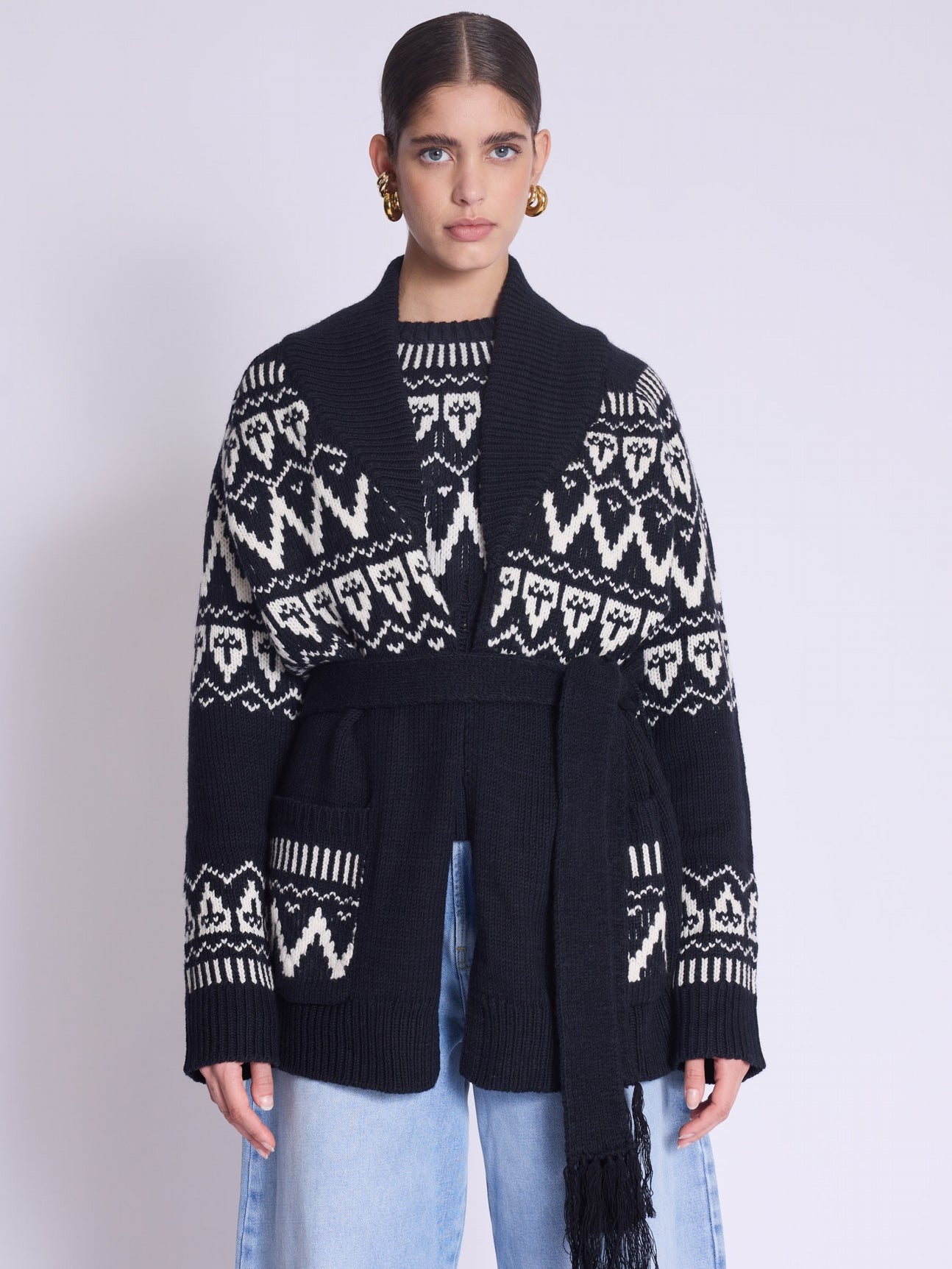 Berenice - Jacquarond Belt Cardigan - Noir Forest