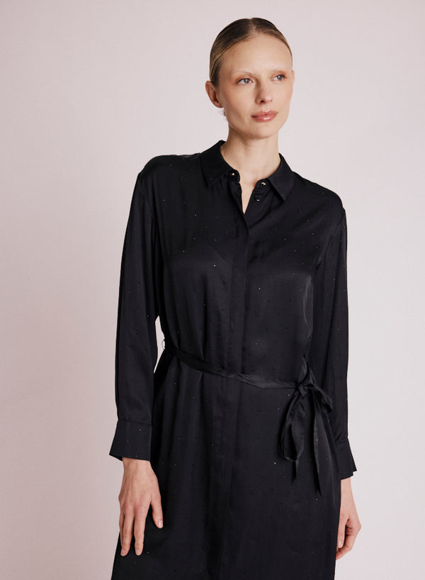 Robe Chemise Mi Longue Strass - Noir