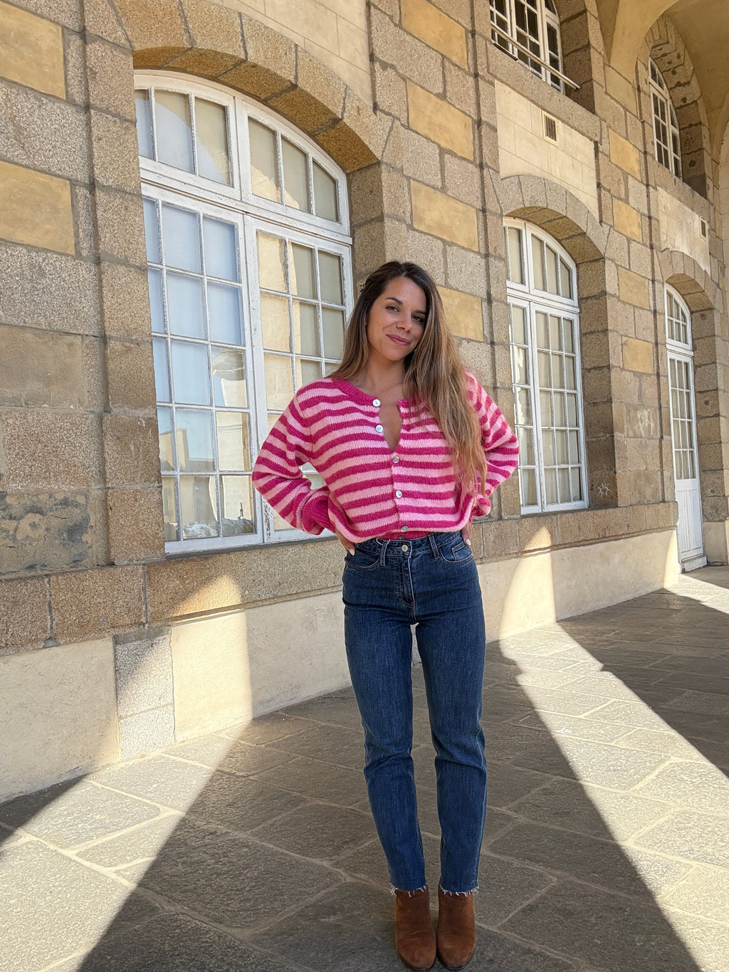 Cardigan Solela Rayé Rose Et Rouge