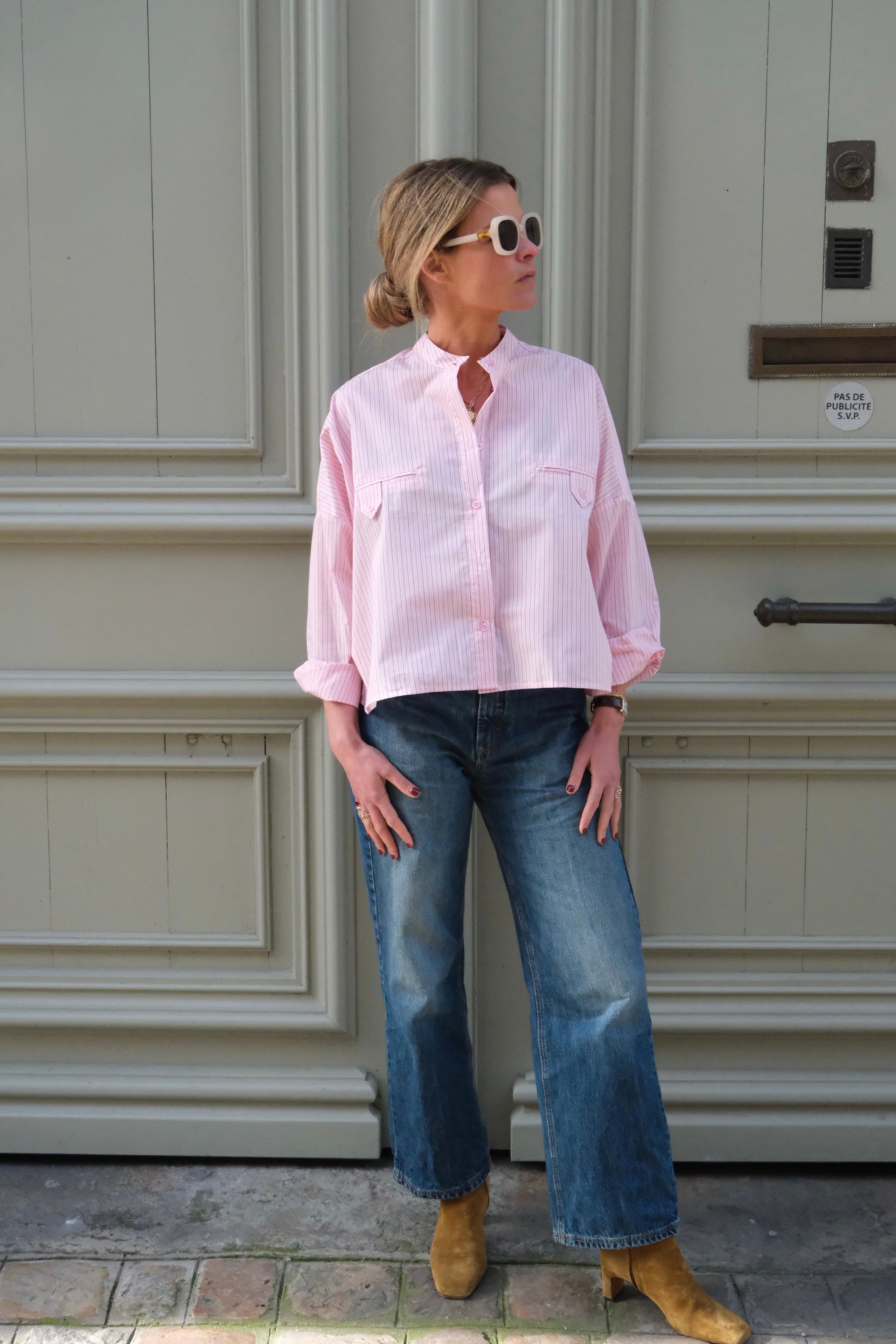 Astrid blouse with mandarin collar pink stripe