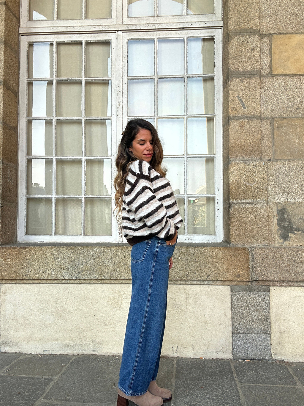 Cardigan Daniella rayé marron beige et blanc